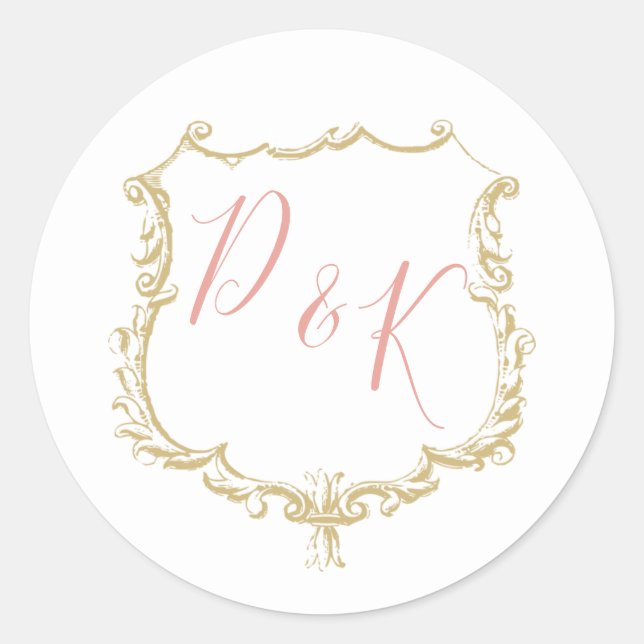 Monogram Crest Gold Blush Wedding Classic Round Sticker (Front)