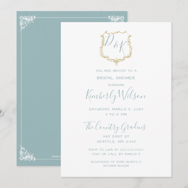 Monogram Crest Gold Dusty blue Bridal Shower Invitation (Front/Back)