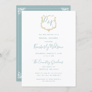 Monogram Crest Gold Dusty blue Bridal Shower Invitation