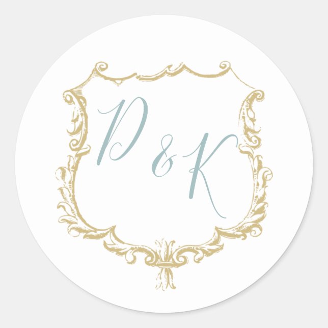 Monogram Crest Gold Dusty blue Wedding Classic Round Sticker (Front)