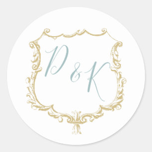 Monogram Crest Gold Dusty blue Wedding Classic Round Sticker