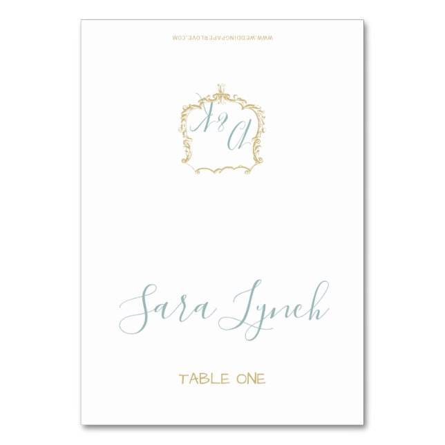 Monogram Crest Gold Dusty blue Wedding Table Number (Front)