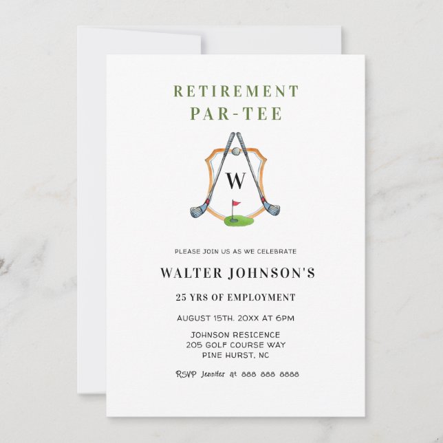 Monogram Crest Golf Themed Retirement Party Invitation (Front)