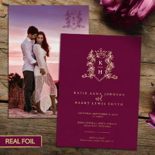 Monogram crest heart crown dark wine red wedding