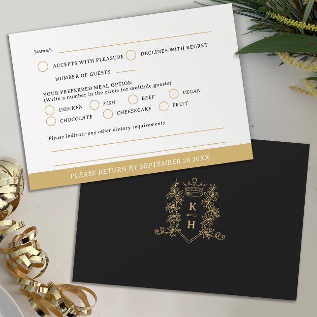 Monogram crest heart crown foliage gold white RSVP card (Creator Uploaded)