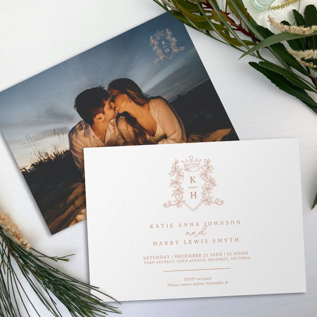 Monogram crest heart crown rose gold white invitation (Creator Uploaded)