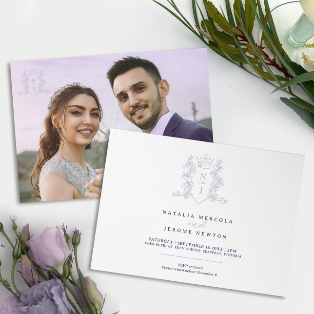 Monogram crest heart crown silver white purple invitation (Creator Uploaded)