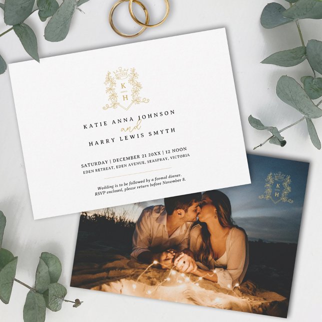 Monogram crest heart crown white gold wedding  invitation (Creator Uploaded)