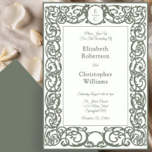 Monogram Crest Ivory and Green Wedding Invitation