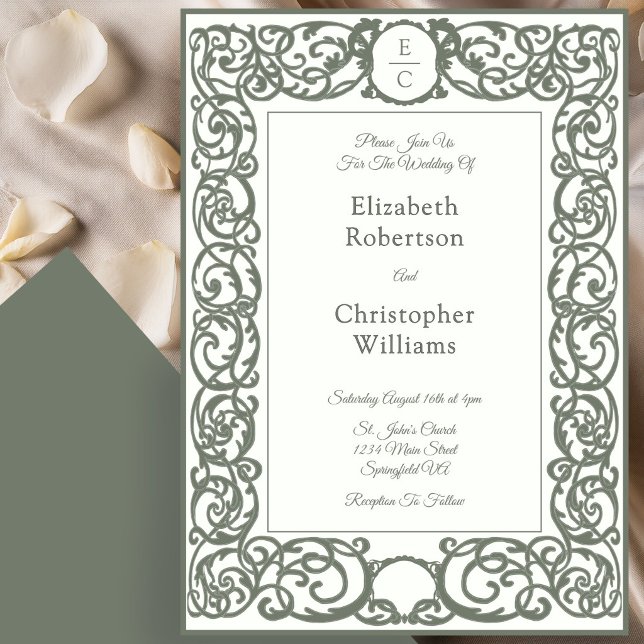 Monogram Crest Ivory and Green Wedding Invitation (Creator Uploaded)