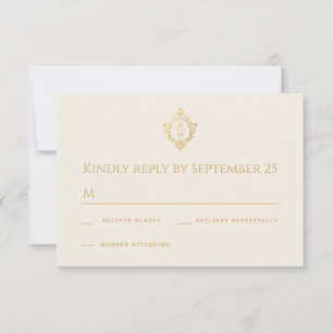Monogram Crest Ivory Gold Elegant Vintage Wedding RSVP Card