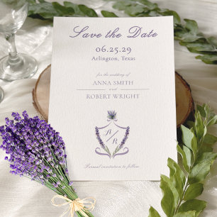 Monogram Crest Lavender Elegant Script Wedding Save The Date