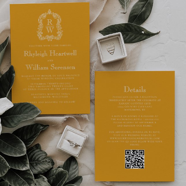 Monogram Crest Marigold Yellow QR Code Wedding Invitation (Creator Uploaded)