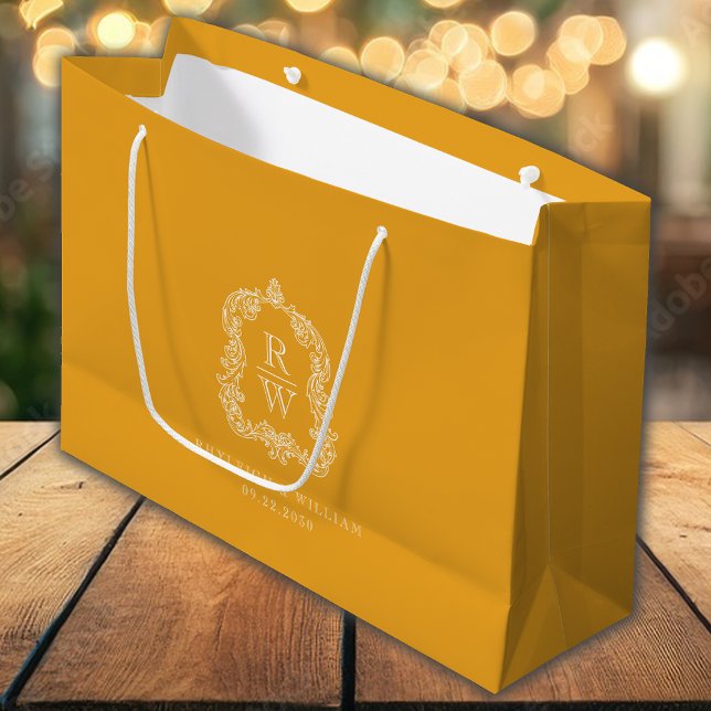 Monogram Crest Marigold Yellow Wedding Large Gift Bag (Creator Uploaded)