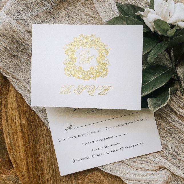 Monogram Crest Menu Wedding Gold Foil RSVP Card (Creator Uploaded)