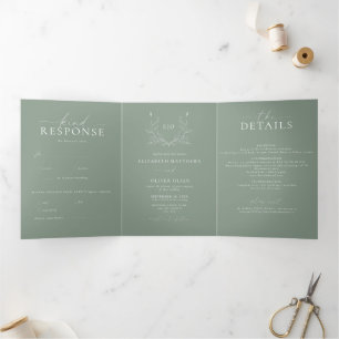 Monogram Crest Modern Minimalist Wedding Photo Tri-Fold Invitation