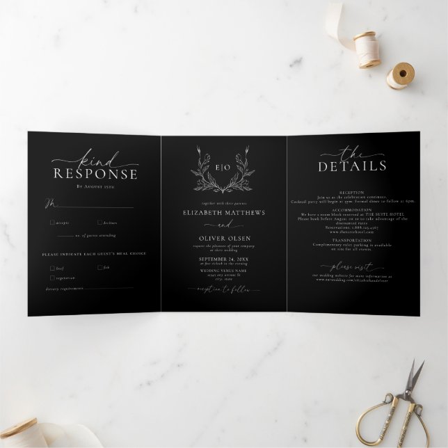 Monogram Crest | Modern Minimalist Wedding Photo Tri-Fold Invitation (Inside)