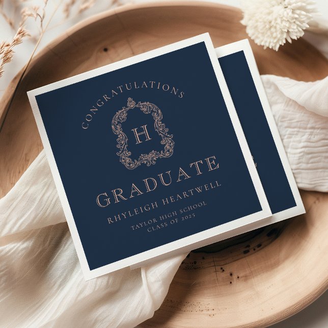 Monogram Crest Navy Blue Rose Graduation Party Napkin (Creator Uploaded)