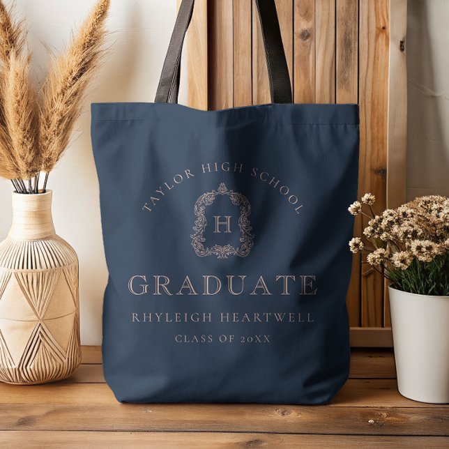 Monogram Crest Navy Blue Rose Graduation Tote Bag (Creator Uploaded)