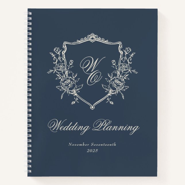 Monogram Crest navy blue Wedding planner Notebook (Front)