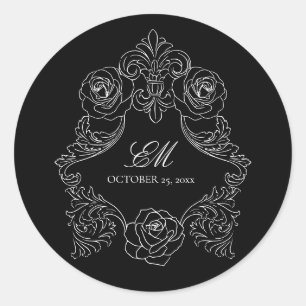 Monogram Crest Ornament Black & White Wedding Logo Classic Round Sticker