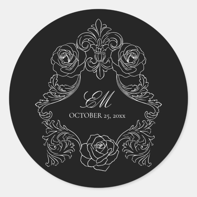 Monogram Crest Ornament Black & White Wedding Logo Classic Round Sticker (Front)