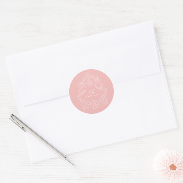 Monogram Crest Ornament Blush Pink Wedding Classic Round Sticker (Envelope)