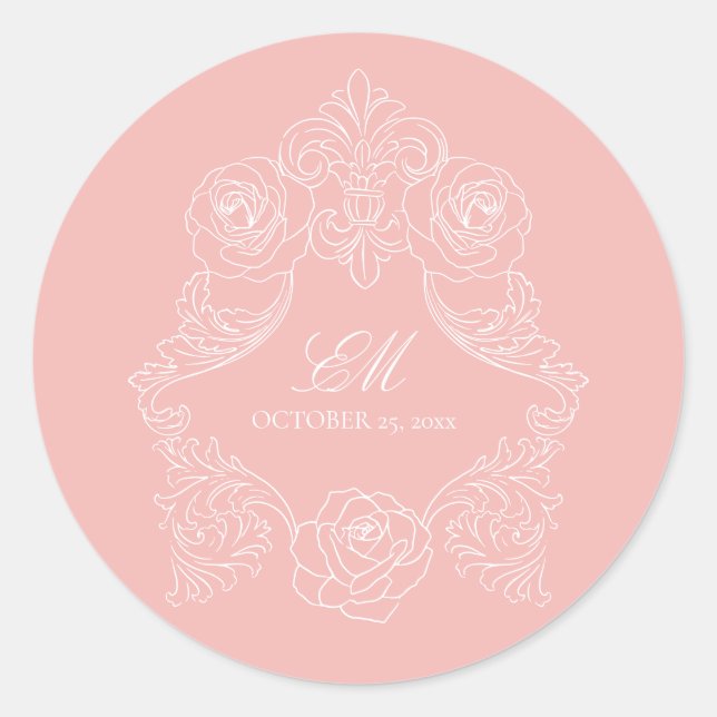 Monogram Crest Ornament Blush Pink Wedding Logo Classic Round Sticker (Front)
