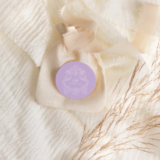 Monogram Crest Ornament Purple Violet Wedding Classic Round Sticker (Creator Uploaded)