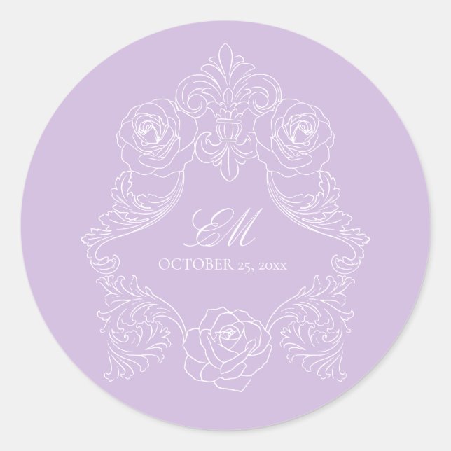 Monogram Crest Ornament Purple Violet Wedding Classic Round Sticker (Front)