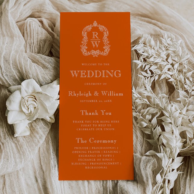 Monogram Crest Persimmon Orange Wedding Programme (Creator Uploaded)