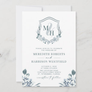 Monogram Crest QR Code Dusty Blue Floral Wedding Invitation