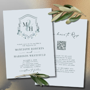 Monogram Crest QR Code RSVP Dusty Blue Wedding Invitation