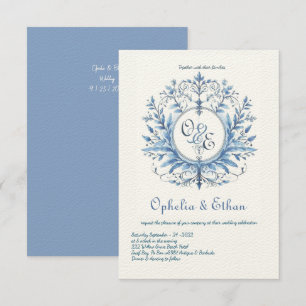 Monogram Crest Rococo Blue wedding Invitation