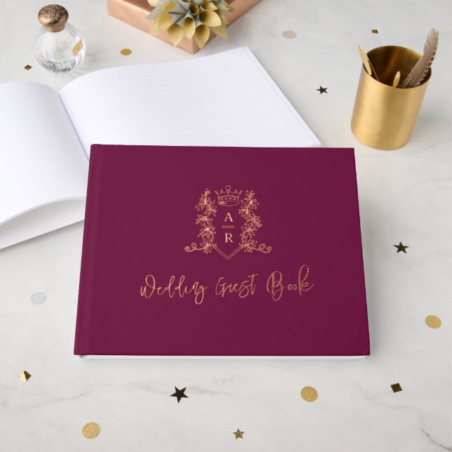 Monogram crest rose gold dark red wedding guest guest book (Front Open)