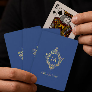 Monogram Crest Royal Blue Gold Vintage Elegant Playing Cards