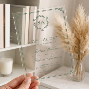 Monogram Crest Sage Green Wedding Save the Date Acrylic Invitations