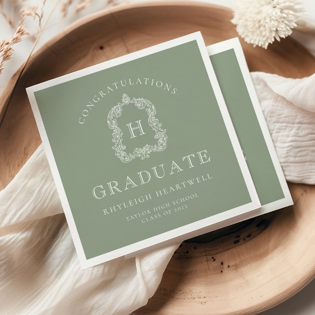 Monogram Crest Sage Green White Graduation Party Napkin (Creator Uploaded)
