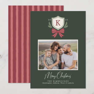 Monogram Crest Striped Bow Photo Christmas Card