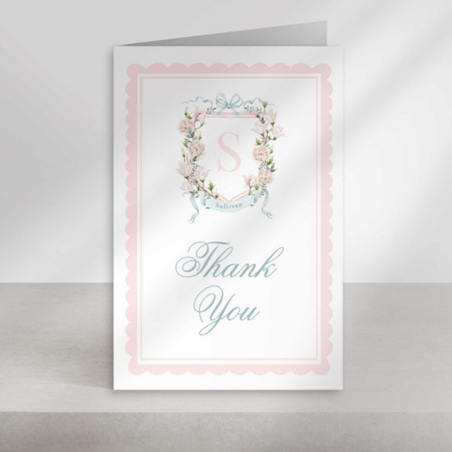 Monogram Crest Thank You Card Pink Bow Scallop (Creator Uploaded)