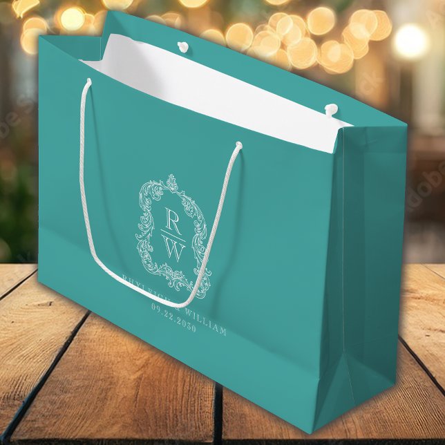 Monogram Crest Turquoise Wedding Large Gift Bag (Creator Uploaded)