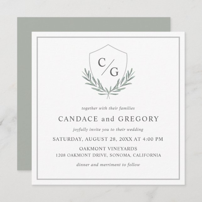 Monogram Crest with Olive Branches Wedding Invitation (Front/Back)