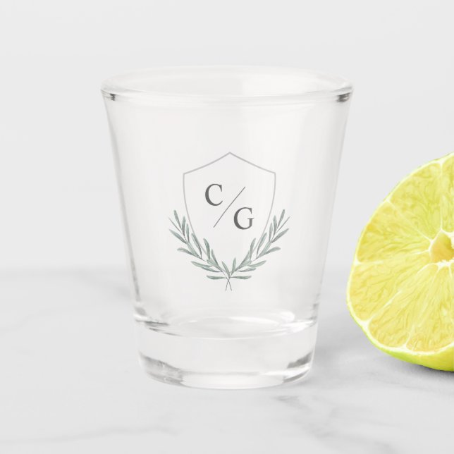 Monogram Crest with Olive Leaf Laurel Wreath Shot Glass (Front)