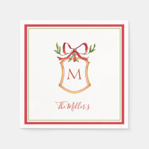 Monogram Crest with red bow Holiday  Napkin