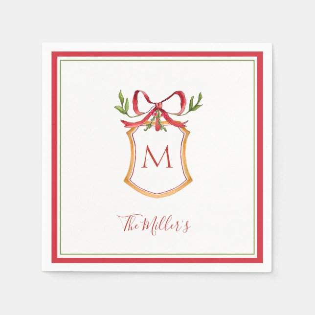 Monogram Crest with red bow Holiday  Napkin (Front)