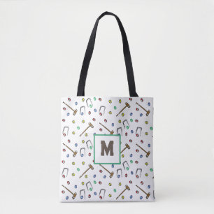 Monogram Croquet Cute Hand-Drawn Lawn Game Pattern Tote Bag