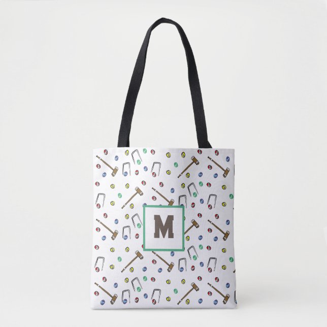 Monogram Croquet Cute Hand-Drawn Lawn Game Pattern Tote Bag (Front)