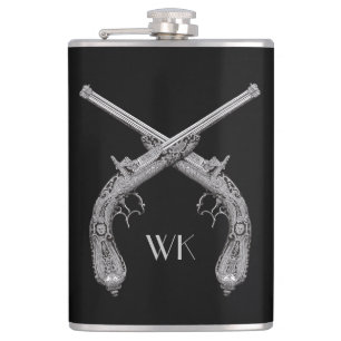 Monogram Crossed Pistols Black Hip Flask