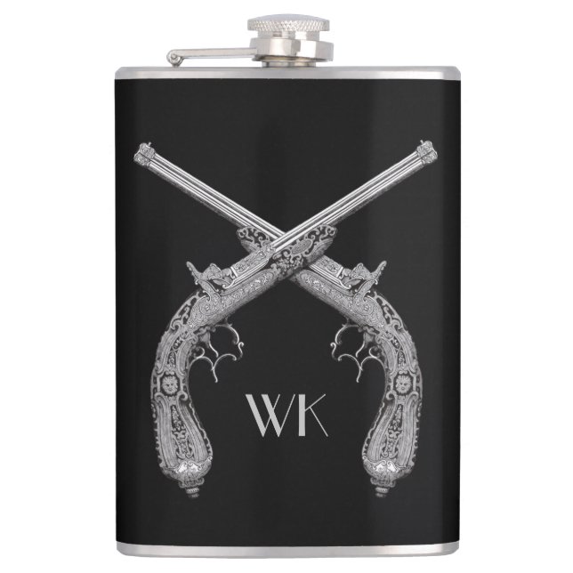 Monogram Crossed Pistols Black Hip Flask (Front)
