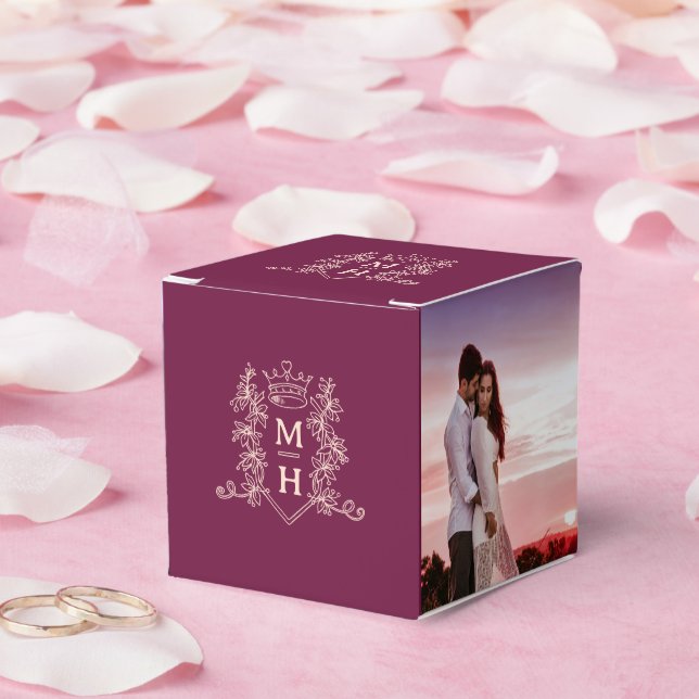 Monogram crown burgundy red peach photo wedding favour box (Wedding)